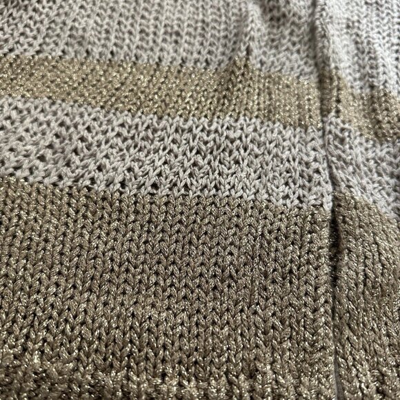 LOFT M Cardigan Tan Gold Sparkle 3/4 Sleeves Open-Knit Front Stripes Metallic - Picture 5 of 8